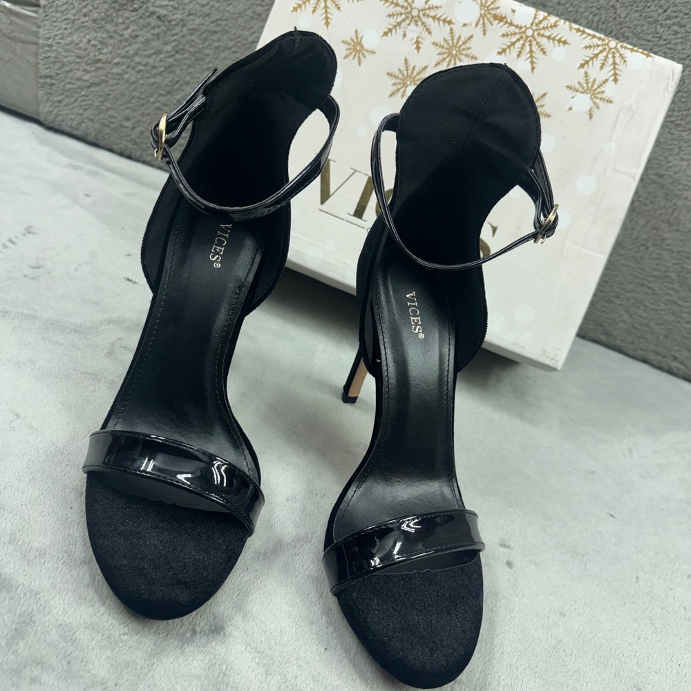 Vices Black Stiletto Ankle Strap Sandals Patent Velvet‎ Heels 1136-1 Mens 37